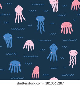 Cute octopus seamless pattern design in hand-drawn style. Baby sea animal fabric design. Underwater vector texture.
