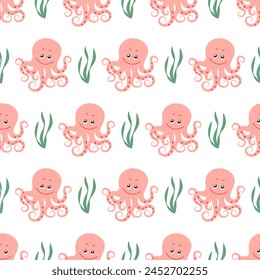  Cute octopus seamless pattern. Fashionable template with sea creatures for wrapping paper, wallpaper, stickers, textiles.