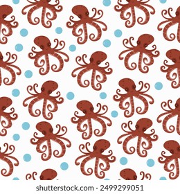 Lindo pulpo sin patrón. Fondo kawaii para niños. Bajo el mar, el agua, el carácter animal, la fauna del océano. Diseño de Vector plano.	