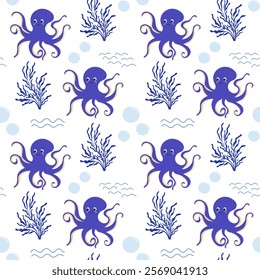 Cute octopus seamless pattern. Kawaii background for children. Under the sea, water animal character, ocean fauna. Flat vector design.