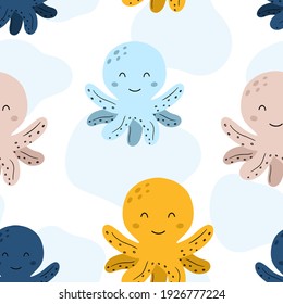 Cute octopus seamless pattern with underwater animals isolated on white background. Hand drawn Scandinavian style vector illustration.