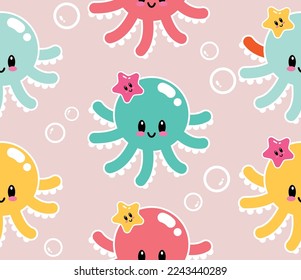 Cute octopus seamless pattern with underwater animals isolated on white background. Scandinavian style vector illustration.