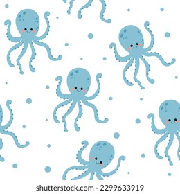 Cute octopus seamless pattern with underwater animals isolated on white background. Vector illustration of children's cartoon characters. Design element for cards, posters, banners, summer design  