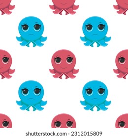 Cute octopus seamless pattern with underwater animals isolated on white background. Hand drawn Scandinavian style vector illustration.