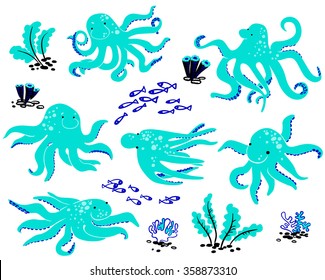 Cute Octopus set with algae and fishes