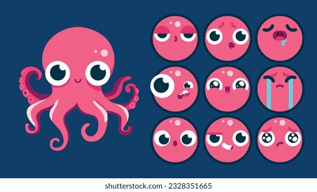 Opulpo lindo, conjunto de emociones animales, pequeño pulpo con la colocación de emojis, durmiendo, llorando, triste, aburrido, feliz, emocionado, adorable, sorprendido, descuidado, confiado, aterrorizado, atónito avatar Vector Flat