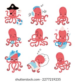 Cute octopus set. Cartoon squid, underwater life characters. Various octopus painting, sleeping, listen music. Nowaday vector sea animal collection