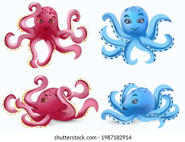 Cute octopus with seven tentacles on different pose. Blue, pink octopus cartoon character. Sea creature icon. Vector illustration.