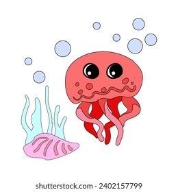 Cute octopus with shells, bubbles and algae in the ocean. For posters, prints on clothes. Vector