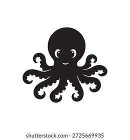 Ilustração plana do vetor da silhueta do polvo bonito no fundo branco.
