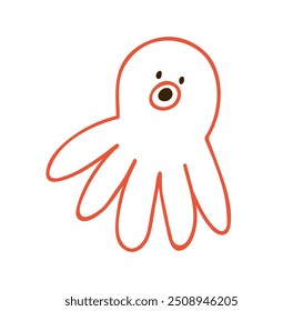 Cute octopus in simple doodle kids style. Funny sea animal with tentacles, childish kids playful drawing. Kawaii marine fauna. Outlined contoured flat vector illustration isolated on white background