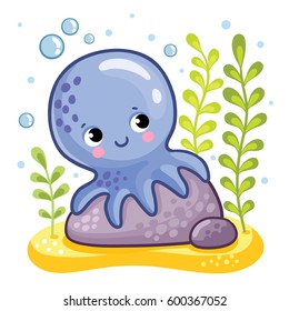Cute octopus sits on a rock. Octopus on the seabed. Vector illustration in a children's style.