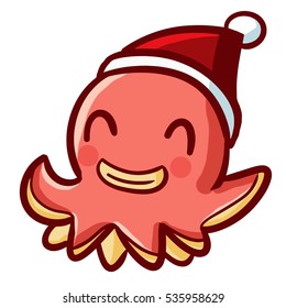Cute octopus smiling and wearing Santa's hat for christmas - vector.