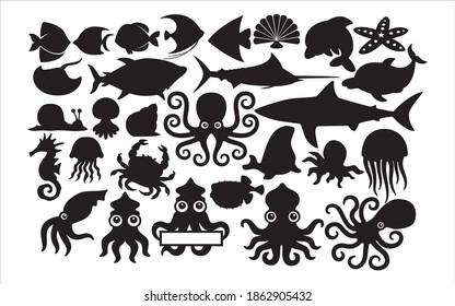 cute octopus and squid ocean sea animal vector graphic design template set for sticker, decoration, cutting and print file