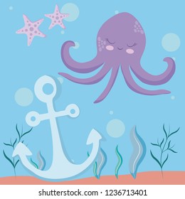 cute octopus with starfish and anchor