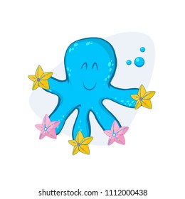Cute Octopus. octopus with a starfish on tentacles. Cartoon Vector Illustration