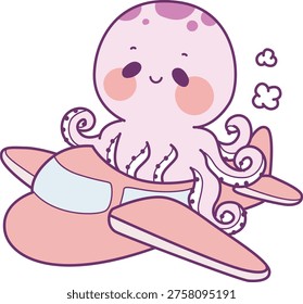 Cute Octopus sticker icon. Funny Octopus riding a plane 