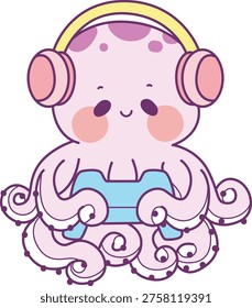Cute Octopus sticker icon. Funny Octopus playing a game