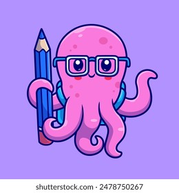 Cute Octopus Student Holding Pencil With Backpack Cartoon Vector Icon Illustration. Animal Education Icon Concept IsolatedPremium Vector. Flat Cartoon Style