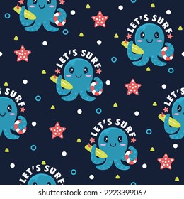 Cute octopus surf cartoon vector pattern background.