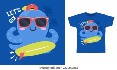 Cute octopus surfing cartoon tshirt art design