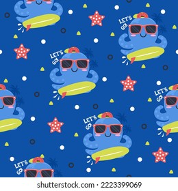 Cute octopus surfing cartoon vector pattern background.