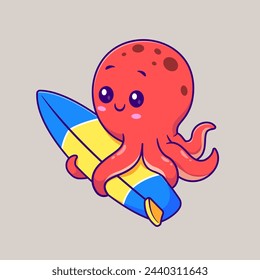 Cute Octopus Surfing Cartoon Vector Icon Illustration. Animal Sport Icon Concept Isolated Premium Vector. Flat Cartoon Style