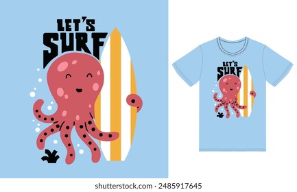 Cute Octopus Surfing with tshirt design premium vector the Concept of Isolated Technology. Flat Cartoon Style Suitable for Landing Web Pages,T shirt, Flyers, Stickers