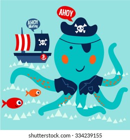 Cute octopus swimming with red fishes and the pirate boat. Ahoy. Vector design for children. Design elements for kids.