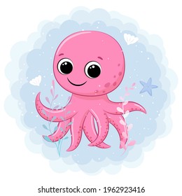 Cute octopus swimming in the sea. Cartoon vector illustration.