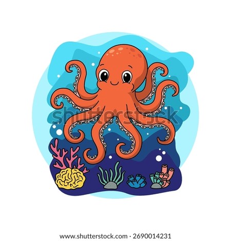 A cute octopus swims in the ocean surrounded by coral and reefs. Perfect for celebrating World Octopus Day on October 8th.