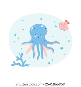 Cute octopus swims in the sea underwater. Poster with octopus on white background. Character in children's style. Vector illustration.