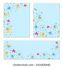 Cute octopus tags on the marine theme. Vector cartoon illustration