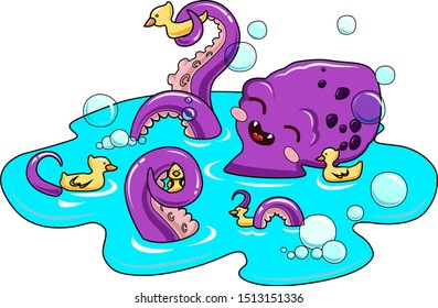 Cute octopus takes bath with rubber ducks
