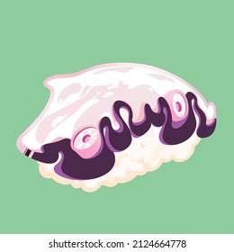 Cute Octopus Tako Sushi or Nigiri Illustration for Japanese Restaurants, Menus, Stickers Isolated on Green Background, Fun Vector Icon