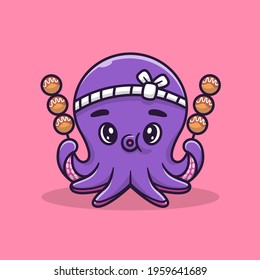 Cute Octopus With Takoyaki Cartoon Vector Icon Illustration. Animal Food Icon Concept Isolated Premium Vector. Flat Cartoon Style