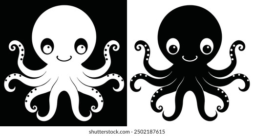 Cute octopus with tentacles icon silhouette vector art illustration. Funny coloring book for kids, outline. Underwater pets, swimming cartoon characters