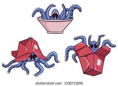 Cute octopus trying to get out from a meal. Vegan activism illustration
