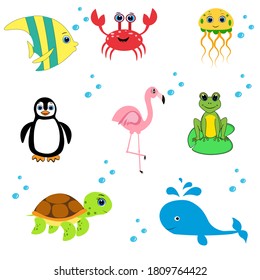 cute octopus, turtle,whale, fish, jellyfish, crab, penguin, sea life vector illustration