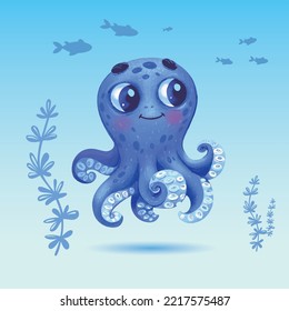 Cute octopus in underwater world cartoon, vector cartoon illustration, cartoon clipart