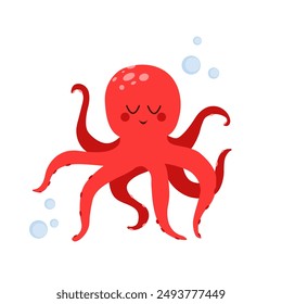 Cute octopus . Vector illustration on white transparent isolated background. Sea animal. Children's illustration in cartoon flat style . Underwater life.