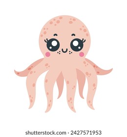 Cute octopus vector illustration. Pink underwater animal smiles and waves its tentacles. Friendly ocean mollusk. Hand drawn cartoon clipart, flat style. Funny sea pet. Playful character for kids
