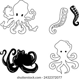 Cute Octopus Vector Lineart - Monochrome Marine Creature