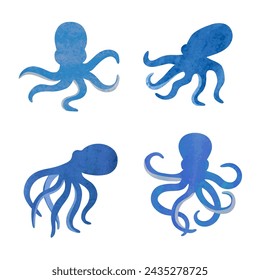 Cute octopus vector set. Watercolor sea animal silhouettes