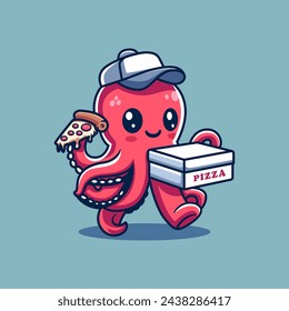 Nette Oktopus Walk Lieferung Pizza Cartoon Vektor-Symbol Illustration