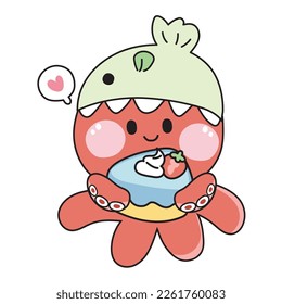 Cute octopus wear fish hat costume hold cake with strawberry on white background.Animal underwater cartoon design.Funny character.Ocean.Kawaii.Vector.Illustration.