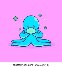 cute octopus wearing mask cover from virus illustration