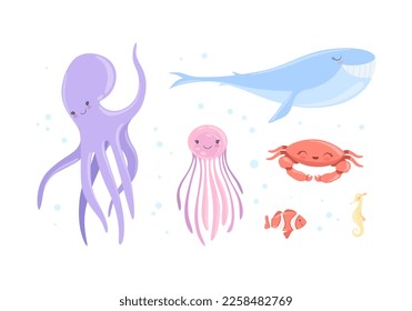 Cute Octopus, Whale, Crab, Jellyfish and Seahorse as Sea Animal Floating Underwater Vector Set