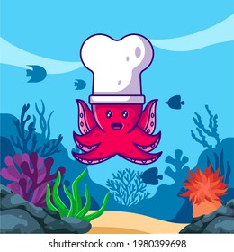 Cute Octopus with White Chef Hats in ocean Vector Cartoon Illustrations for World Ocean Day