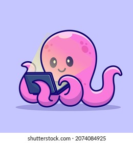 Cute Octopus Working On Laptop Cartoon Vector Icon Illustration. Animal Technology Icon Concept Isolated Premium Vector. Flat Cartoon Style